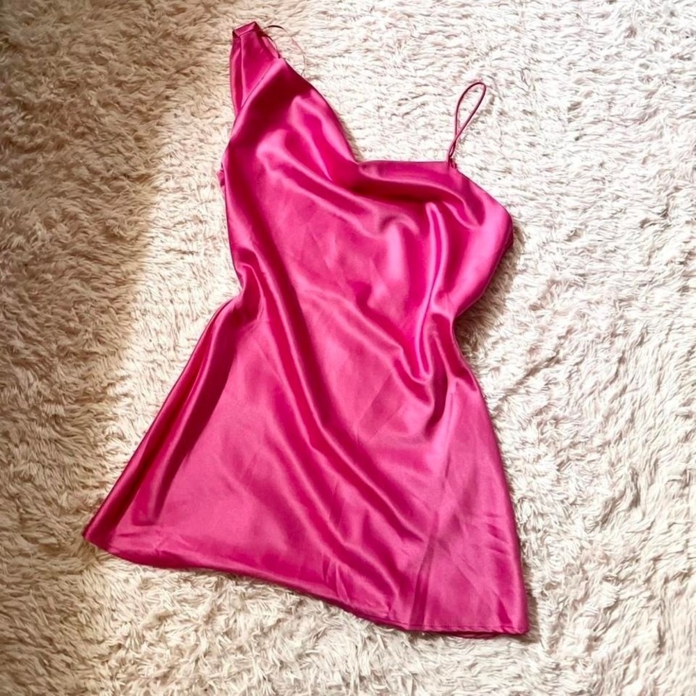 Glam Pink Satin Asymetrical Sexy Delicate Dress Womens M Barbie Girlie Preppy
